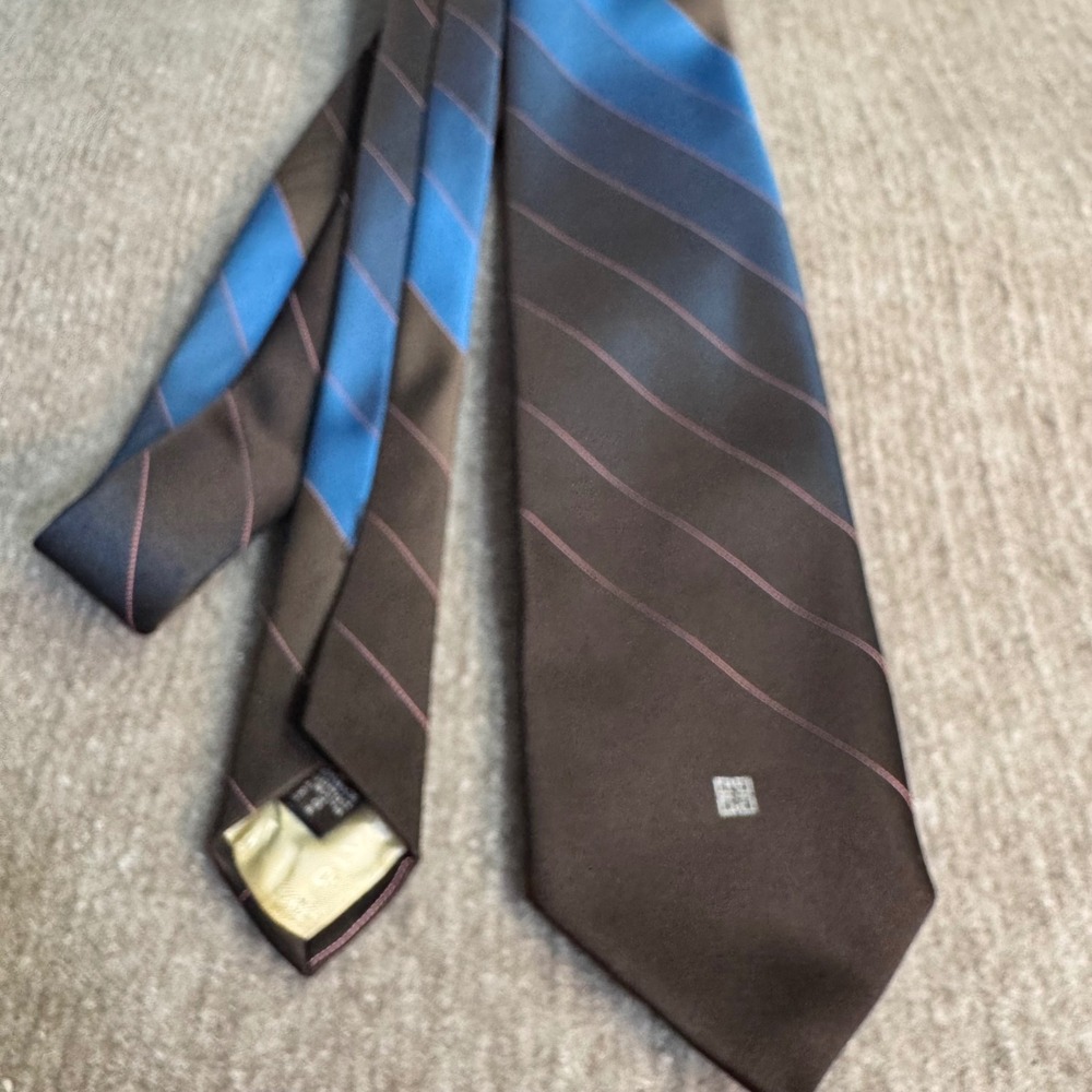 Vintage 90s Givenchy Monsieur Tie Brown Blue Stripe Silk Blend Designer Necktie